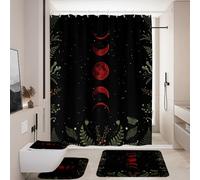 Coxila 4 PCs Red Moon Phase Bathroom Set, Gothic Shower Curtain 60x72 Inch with Non-Slip Rug, U Shaped Mat and Toilet Lid Cover, Moody Botanical Black Blood Moon Bath Decor with 12 Hooks