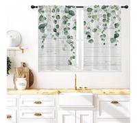Coxila Green Floral Kitchen Window Curtains 27.5 x 39 Inch Small Short Mini Cafe Rod Pocket Sage White Eucalyptus Botanical Leaf Living Bedroom Room Home Treatment Set of 2 Curtain Panels Drapes Tiers