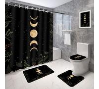 Coxila Moon Phase Shower Curtain Set Moonlit Celestial Plant Goth Gothic Witch Witchy Mysticism Toilet Lid Cover U Shaped Bath Mat 4 Pcs Decor Bathroom Non-Slip Rug Fabric Polyester 60x72 Inch