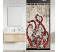 Coxila Octopus Shower Curtain Stall Small Single Mini Red Nautical Vintage Brown Fun Kraken Monster Ocean Anime Pirate Sea Cool Ship Sailboat Adventure 36 x 72 Inch Polyester Fabric 7 Pack Hooks