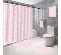 Coxila Pink Bow Shower Curtain Set Cute Girly Pale Blush Preppy White Kids Princess Pastel Aesthetic Toilet Lid Cover U Shaped Bath Mat 4 Pcs Decor Bathroom Non-Slip Rug Fabric Polyester 60x72 Inch