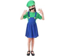 COXNSXX Super Costume Plumber Brothers Costume Role Play Fancy Dress Halloween Outfit with Beard and Hat, Adult Women Kids Teens, Red and Green, S/M/L/XL