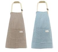 Coyanyu Woman Apron with Pockets, 2 Pieces Blue and Coffee Stripe Adjustable Cotton Linen Kitchen Chef Bib Apron for Cooking, BBQ, Baking, Gardening, Household Cleaning, Restaurant