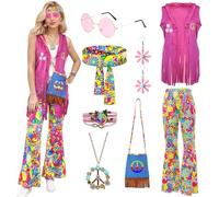 COYBTO 70s Fancy Dress Women, Hippie Costume with Fringe Vest Flared Pants Necklace Set, 60s 70s Disco Fancy Dress, 1970s Retro Hippie Outfit Hippy Clothes for Carnival Cosplay Party (1, L)