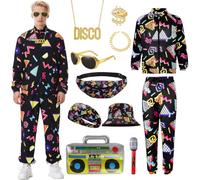 COYBTO 80s Fancy Dress Men, 90s Fancy Dress Costumes with Retro Accessories, 80s Fanny Pack Headband Inflatable Radio, 1980s Mens Tracksuit Shell Suits for Carnival Party Dress Up (Black, L)