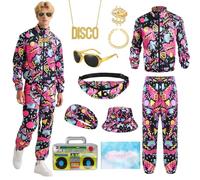 COYBTO 80s Fancy Dress Men, 90s Fancy Dress Costumes with Retro Accessories, 80s Fanny Pack Headband Inflatable Radio, 1980s Mens Tracksuit Shell Suits for Carnival Party Dress Up (Red, XL)