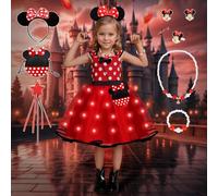 COYBTO Light Up Princess Costumes for Girls, Polka Dots Fancy Dress with Mouse Ears Bag Necklace Sets, Kids Light Up Princess Dress for Christmas Halloween Birthday Party Cosplay