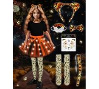 COYBTO Light Up Tiger Costume for Girls - LED Tutu Skirt, Tiger Ears, Face Stickers, Bow Tie, Nose, Tail, Leopard Print Socks - Christmas Carnival Birthday Party Cosplay