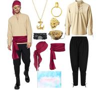 COYBTO Pirate Costume Adult Men, Medieval Pirate Shirt Pants with Bandana Accessories, Pirates Fancy Dress for Adults, Pirates Outfit Dress Up for Cosplay Party Role Play Halloween (XL)