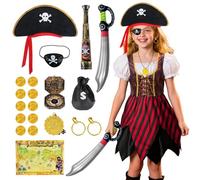 COYBTO Pirate Costume Kids, Pirate Fancy Dress Set with Hat Map Accessories, Girls Pirates Dress Up, Pirates Costume Outfit for World Book Day Cosplay Party Role Play (120 (5-6 Years))