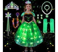 COYBTO Princess Costumes for Girls, LED Light Up Elsa Anna Dress Up with Luminous Crown Necklace Sets, Elsa Anna Princess Dress, Elsa Costume Kids Fancy Dress for Carnival Party