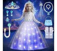 COYBTO Princess Costumes for Girls, LED Light Up Elsa Anna Dress Up with Luminous Crown Necklace Sets, Elsa Anna Princess Dress, Elsa Costume Kids Fancy Dress for Carnival Party