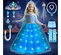 COYBTO Princess Costumes for Girls, LED Light Up Elsa Anna Dress Up with Luminous Crown Necklace Sets, Elsa Anna Princess Dress, Elsa Costume Kids Fancy Dress for Carnival Party