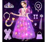 COYBTO Princess Costumes for Girls, Light Up Belle Cinderella Rapunzel Dress Up for Girls with Luminous Crown Necklace Sets, Belle Princess Dress, Kids Fancy Dress for Carnival Party