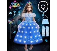 COYBTO Princess Costumes for Girls, Light Up Belle Cinderella Rapunzel Dress Up for Girls with Luminous Crown Necklace Sets, Belle Princess Dress, Kids Fancy Dress for Carnival Party