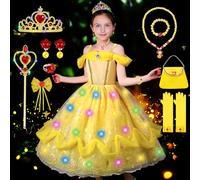 COYBTO Princess Costumes for Girls, Light Up Belle Cinderella Rapunzel Dress Up for Girls with Luminous Crown Necklace Sets, Belle Princess Dress, Kids Fancy Dress for Carnival Party
