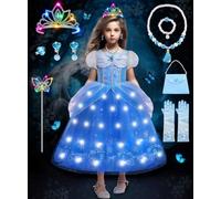 COYBTO Princess Costumes for Girls, Light Up Princess Dress Up for Girls with Luminous Crown Necklace Sets, Princesses Cosplay, Kids Fancy Dress for Birthday Carnival Party