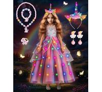 COYBTO Princess Costumes for Girls, Light Up Unicorn Costume Dress Up, Dress Up for Girls with Headband Crown Necklace Sets, Unicorn Fancy Dress for Kids Party Birthday Carnival Cosplay (110)