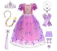 COYBTO Princess Costumes for Girls - Rapunzel & Sleeping Beauty Dress Up with Crown Necklace Set, Long Skirt, Kids Fancy Dress for Party Cosplay (Purple, 110)