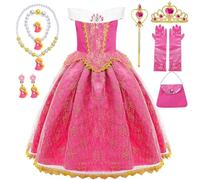COYBTO Princess Costumes for Girls, Rapunzel & Sleeping Beauty Dress Up with Crown Necklace Set, Long Skirt, Kids Fancy Dress for Party Cosplay (Red, 110)