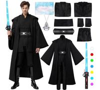 COYBTO Tunic Knight Costume Adult, 10Pcs Medieval Knight Costume with Top Pants Hooded Cape, Knights Robe with Light Sword Necklace, Knights Fancy Dress Adults for Halloween Cosplay Party (XL)