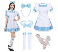 COYBTO Wonderland Fancy Dress for Adults, Costume Women with White Apron, Headband, Gloves and Stockings Accessories, Halloween, Carnival, World Book Day Cosplay Costumes for Women and Girls