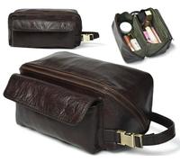 Coyote Bay® Premium Full Grain Leather Toiletry Bag for Men and Women in Soft Flexible Design for Travel, Large Shaving Makeup Cosmetics Bathroom Organizer Dopp Kit, Brown, 9", Luxury