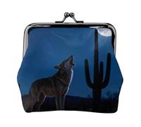 Coyote Howl Moon Leather Kiss Lock Coin Purse-Small Mini Wallet for Women