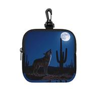 Coyote Howl Moon Small Zip Pouch-Waterproof Neoprene Storage Bag for Earbuds, Keychain Clip Case for Coins Cards USB, Travel Organiser