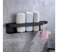 Cozary Towel Rail No Drilling Required Black Stainless Steel Self-Adhesive Guest Towel Holder with 2 Pieces Hooks 43 cm Towel Rack for Bathroom and Kitchen