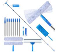 COZCLAM 3m Window Squeegee Cleaner Kit with Extendable Pole, 3 in 1 Interchangeable Squeegee, Srubber and Duster, Telescopic Window Cleaner Tool with Refill for Roof, Home, Glass, Mirror