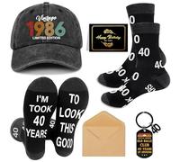 CozDazz Funny 40th Birthday Gifts for Men, Vintage 1986 Baseball Cap, Socks, Keychain, Birthday Card, Birthday Gifts for 40 Year Old Dad, Husband, Grandad