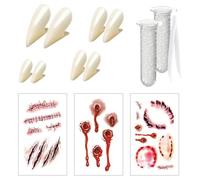 COZERI 14PCS Vampire Teeth Set - 4 pairs Fangs(4 size) + 3x Bleeding Tattoo Stickers + 2x Tubes of 5g Glue + 1x Tweezers, Dracula Horror Vampire Teeth Set Halloween Costume Props for Cosplay Party