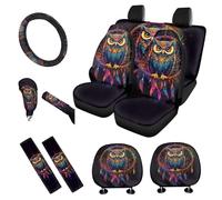 Cozeyat Dreamcatcher Owl Car Seat Covers for Women Universal Front Seats Protector Car Headrest Covers Steering Wheel Cover/Seat Belt Cover/Handbrake Cover+Gear Shift Knob Cover