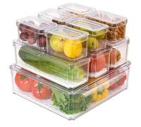 Cozihom Stackable Refrigerator Organizer Bins with Lids, Fridge Organization and Storage Clear Containers, BPA-Free Plastic Pantry Bins for Fruits, Vegetable, Food, Drinks, With Drain Tray, Set Of 10