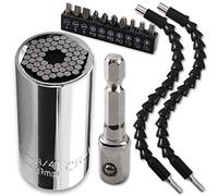 Cozihom Universal Socket Wrench, Self-Adjusting Socket Fits Standard 1/4''-3/4'' (7-19mm) with Ratchet Wrench Power Drill Adapter, 2Pcs 11.6'' Flexible Drill Bit Extension Shaft with Drill Bit Sets