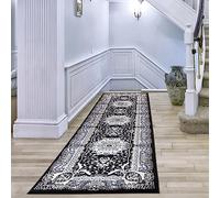 cozily® Floral Design Washable Classical Rug, 80 x 300 cm (2 ft 7 in x 9 ft 10 in) - Black - Jute Back Long Runner for Hallway, Stair, Corridor, and Main Entrance