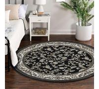 cozily® Soft Pile Round Rug 120cm x 120cm With Jute Back - Marco Black Traditional Rug - Washable Circular Rugs For Bedroom, Office and Sitting Room