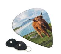 Cozimangoe 6-Pack Guitar Picks with Leather Holder, 0.71mm Medium Gauge ABS Plectrums for Acoustic, Electric, Bass Guitars and Ukulele, Highland Cow By The Sea