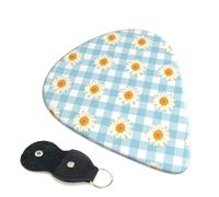 Cozimangoe 6-Pack Guitar Picks with Leather Holder, 0.71mm Medium Gauge ABS Plectrums for Acoustic, Electric, Bass Guitars and Ukulele, Retro Daisies Flowers Blue Gingham Check Pattern