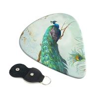 Cozimangoe 6-Pack Guitar Picks with Leather Holder, 0.71mm Medium Gauge ABS Plectrums for Acoustic, Electric, Bass Guitars and Ukulele, Aqua Blue Elegant Peacock N Feathers Tree Branch