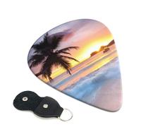 Cozimangoe 6-Pack Guitar Picks with Leather Holder, 0.71mm Medium Gauge ABS Plectrums for Acoustic, Electric, Bass Guitars and Ukulele, Sunrise Tropical Palm Tree Island