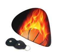 Cozimangoe 6-Pack Guitar Picks with Leather Holder, 0.71mm Medium Gauge ABS Plectrums for Acoustic, Electric, Bass Guitars and Ukulele, Flying Basketball On Fire