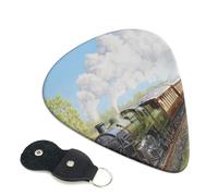 Cozimangoe 6-Pack Guitar Picks with Leather Holder, 0.71mm Medium Gauge ABS Plectrums for Acoustic, Electric, Bass Guitars and Ukulele, Steam Train And Railway