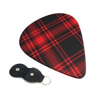Cozimangoe 6-Pack Guitar Picks with Leather Holder, 0.71mm Medium Gauge ABS Plectrums for Acoustic, Electric, Bass Guitars and Ukulele, Christmas Red Black Tartan Check Scottish