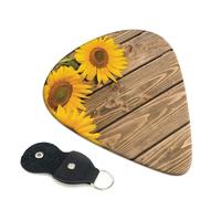 Cozimangoe 6-Pack Guitar Picks with Leather Holder, 0.71mm Medium Gauge ABS Plectrums for Acoustic, Electric, Bass Guitars and Ukulele, Three Sunflowers On Wooden