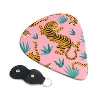 Cozimangoe 6-Pack Guitar Picks with Leather Holder, 0.71mm Medium Gauge ABS Plectrums for Acoustic, Electric, Bass Guitars and Ukulele, Pink Asian Tiger Dancing Gold Orange