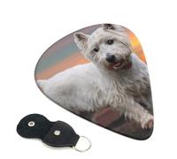 Cozimangoe 6-Pack Guitar Picks with Leather Holder, 0.71mm Medium Gauge ABS Plectrums for Acoustic, Electric, Bass Guitars and Ukulele, West Highland White Terrier Dogs Mountains White