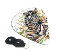 Cozimangoe 6-Pack Guitar Picks with Leather Holder, 0.71mm Medium Gauge ABS Plectrums for Acoustic, Electric, Bass Guitars and Ukulele, Watercolor Black White Striped Zebras With Grass