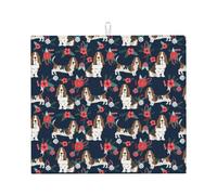 Cozimangoe Basset Hound Navy and Poppy Floral, Dish Drying Mat, 18x16 Inch Absorbent Microfiber Quick Dry Machine Washable for Dishes Pots Pans Glassware Coffee Bar Under Rack